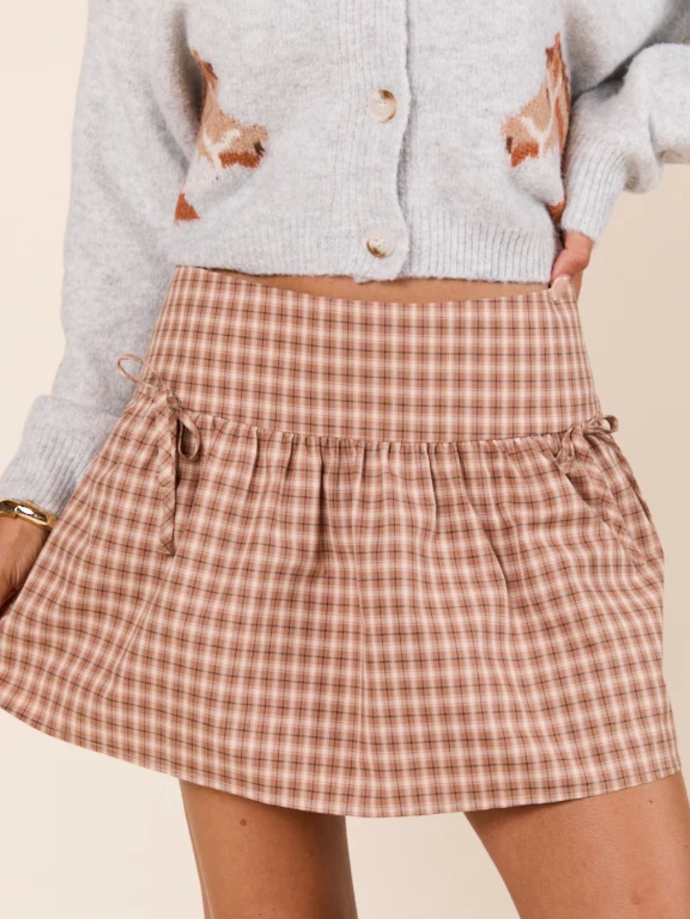 Pink Lily Brown Plaid Ruffle Bow Mini Skirt